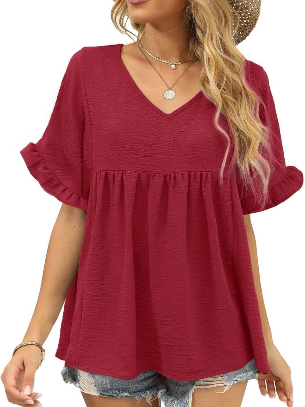 Women’s V-Neck Babydoll Tunic Top in Berry Red Size Medium NWT